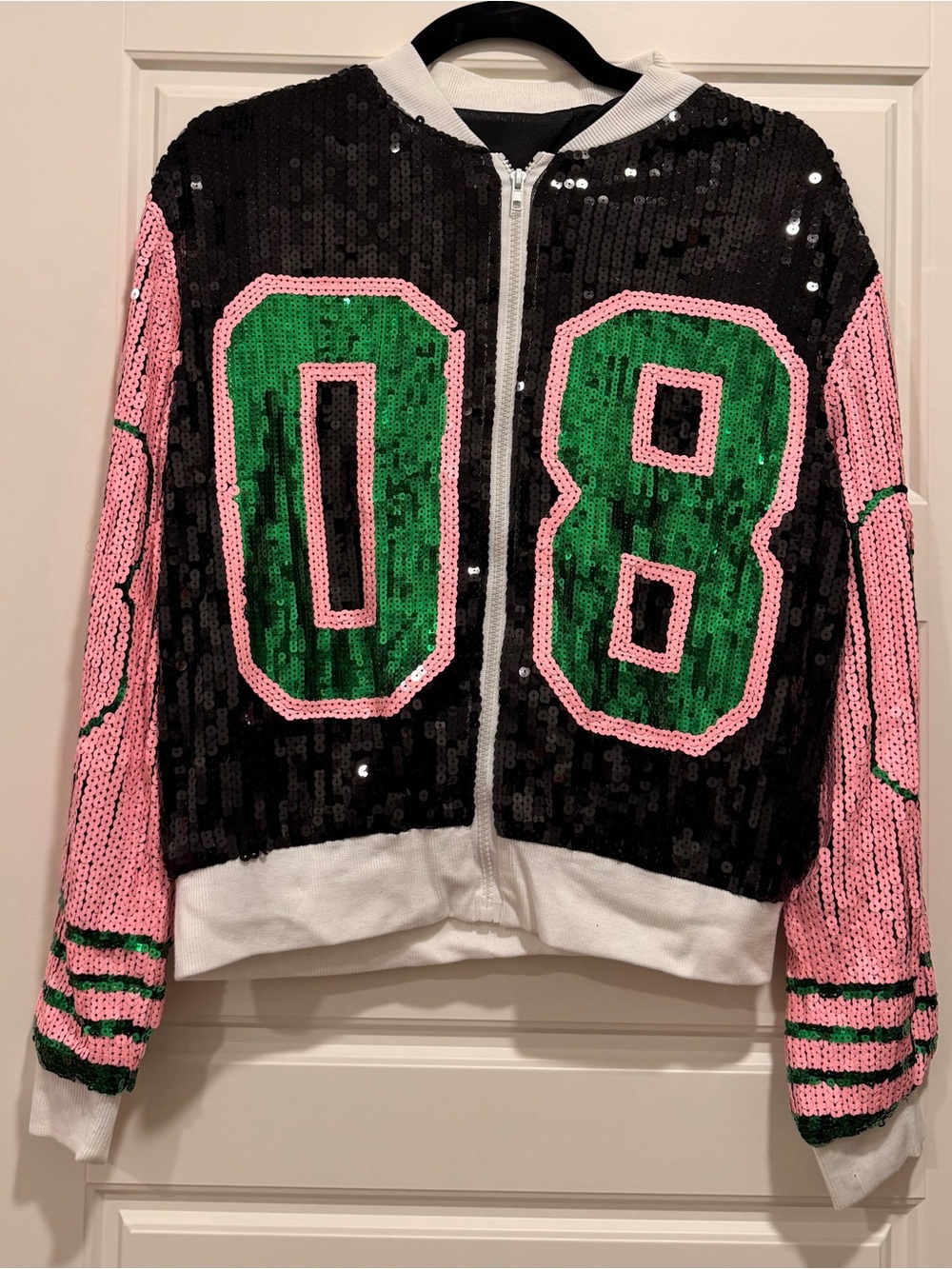 Sequin Number Bomber Jacket - Black, Pink & Green